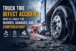 Damaged semi-truck tire after a blowout accident highlighting liability, injuries, damages, and compensation claims.