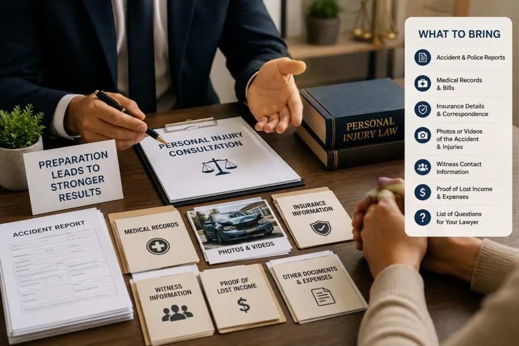 Personal injury consultation checklist with accident and medical documents