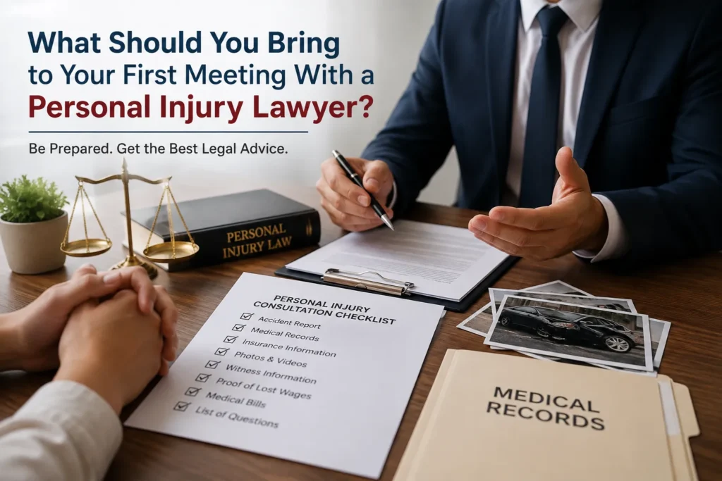 Personal injury lawyer meeting with client and reviewing case documents