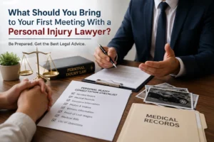 Personal injury lawyer meeting with client and reviewing case documents