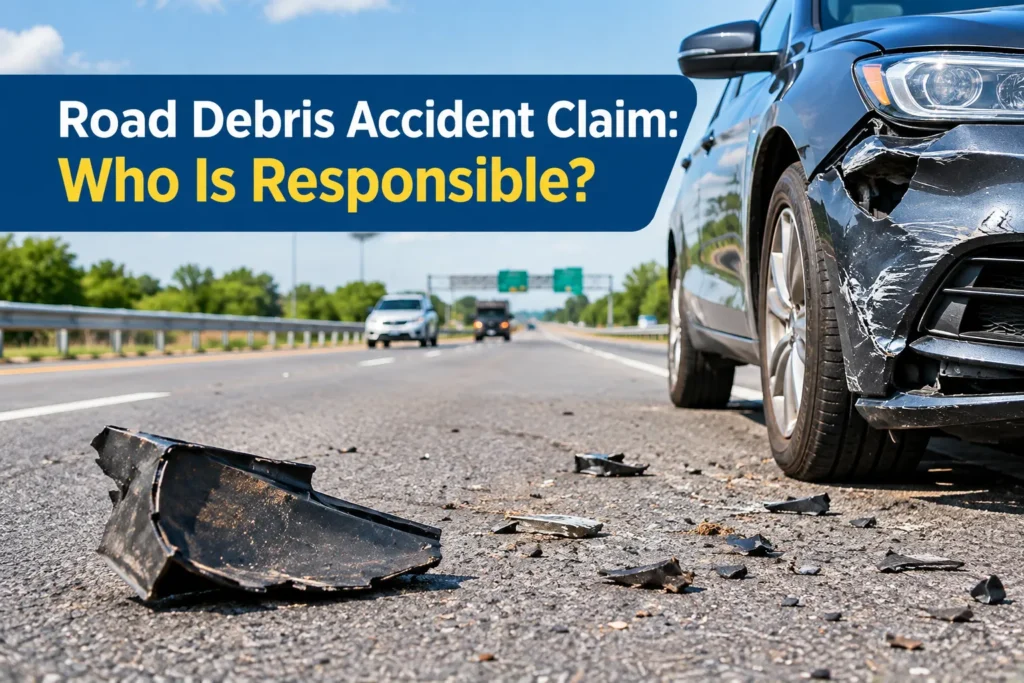 Road debris accident claim involving a damaged car on a highway