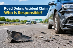 Road debris accident claim involving a damaged car on a highway
