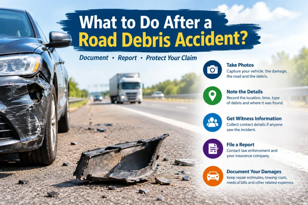 What to do after a road debris accident with damaged car and roadway debris